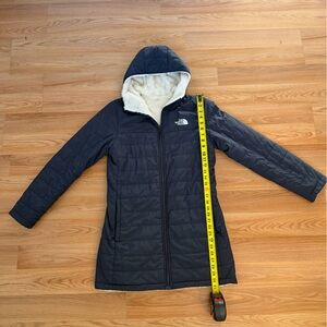 The North Face Navy Reversible Quilted Hooded Puffer with Sherpa Trim